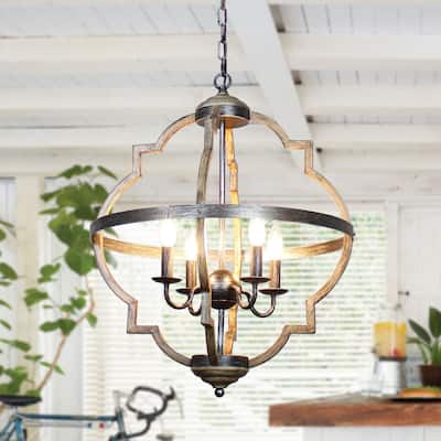 Antique Distressed Metal 4-light Candle Brown Wood Chandelier