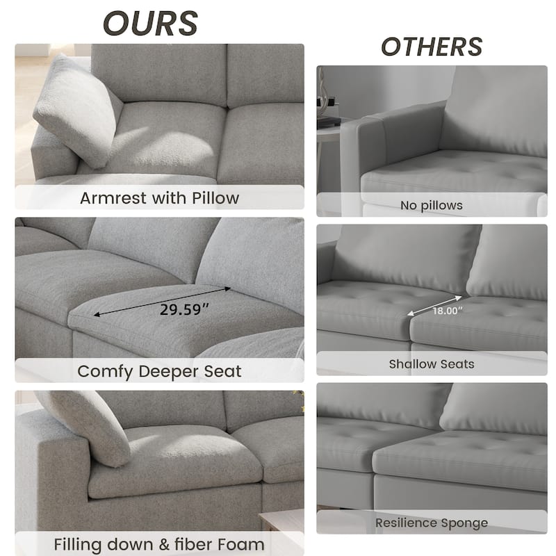 Large Down Filled Corner Sectional Sofa Couch with Ottoman for Living Room Set Linen Cloud Sectional Couches