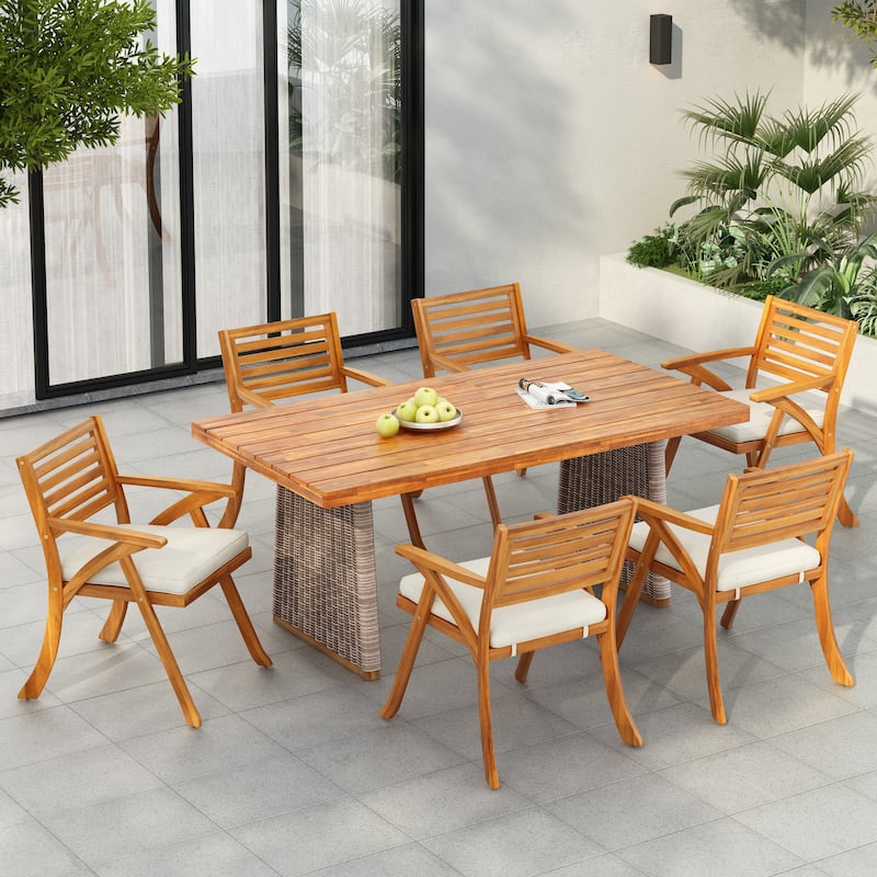 Christopher Knight Home - Elysande Outdoor Acacia Wood 7 Piece Dining Set with Rattan Legs and Water Resistant Cushions - Teak Finish+Brown Wicker+Beige Cushion