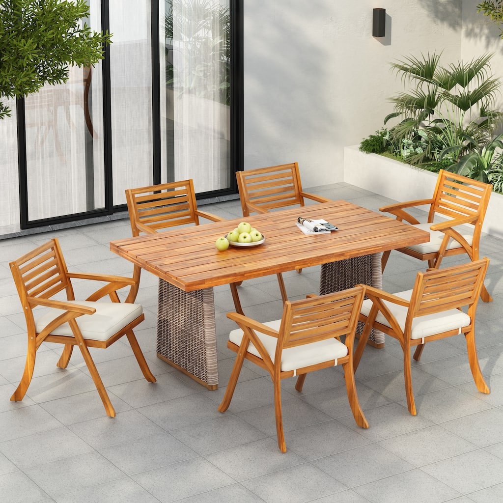 Christopher Knight Home - Elysande Outdoor Acacia Wood 7 Piece Dining Set with Rattan Legs and Water Resistant Cushions