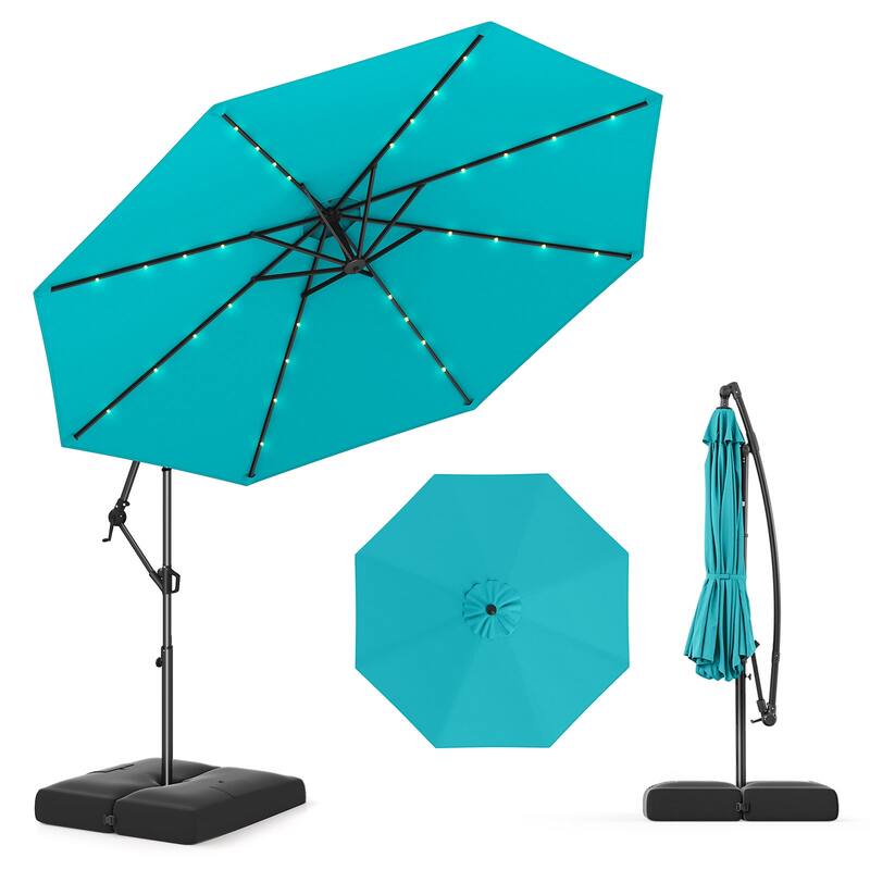 Gymax 10 FT Solar Offset Hanging Umbrella Patio Cantilever Umbrella w/ - Green
