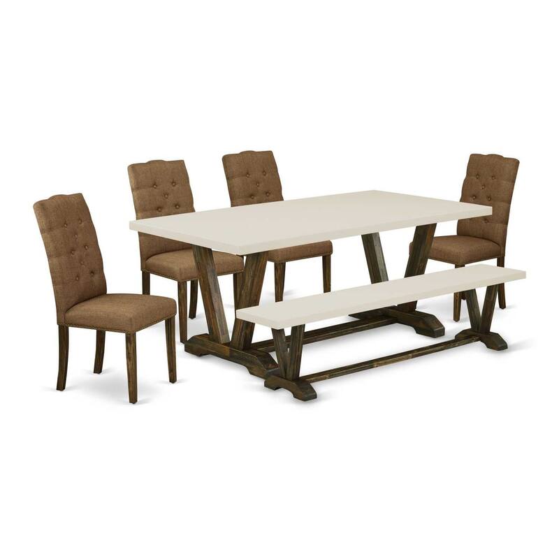 Southwestern Dining Set - 6 Piece Table & Chair Set with Bench - Linen Fabric & Tufted Design