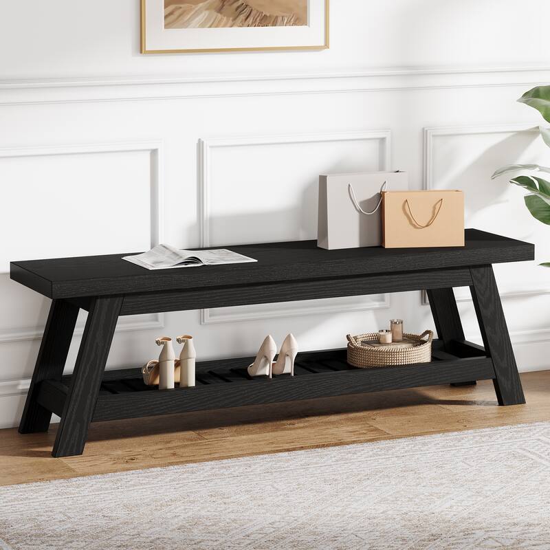 2-Tier Entryway Shoe Bench with Storage, 55-Inch Wood Storage Bench for Living Room, Bedrooms - 55.12" W x 13.78" D x 17.72" H