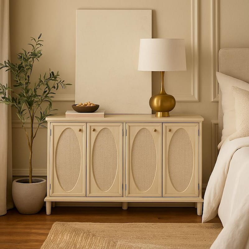 Wooden Geometric Washed Oval Rattan Front 4 Door Sideboard with Round Silver Knobs - Light Gray - Roche River Decor