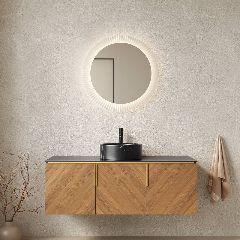 Wall-Mounted Bathroom Vanity with Round Ceramic Sink - 48'' x 16.69'' x 20.91'' - Brown Oak and Black