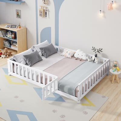 Montessori Floor Bed for Toddlers Full Size Floor Platform Bed with Safety Fence, Fun Small Door and Support Slats