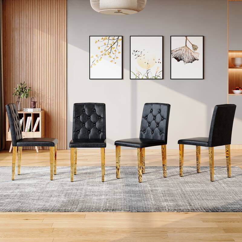 4-piece set of PU Dining Chairs: Ergonomically Designed Buckle Backrest, 35 Inches High, Gold Metal legs