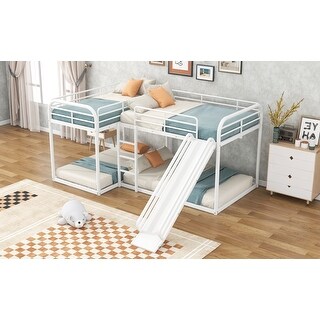 L-Shaped Metal Bunk Bed Frame Full over Full and Twin over Twin with Slide and Short Ladder - 4 Beds in 1 for Kids Bunkbeds
