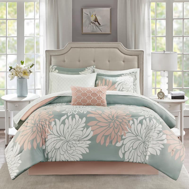Madison Park Essentials Caldwell Complete Comforter Set with Cotton Bed Sheets - Blush/Grey - King