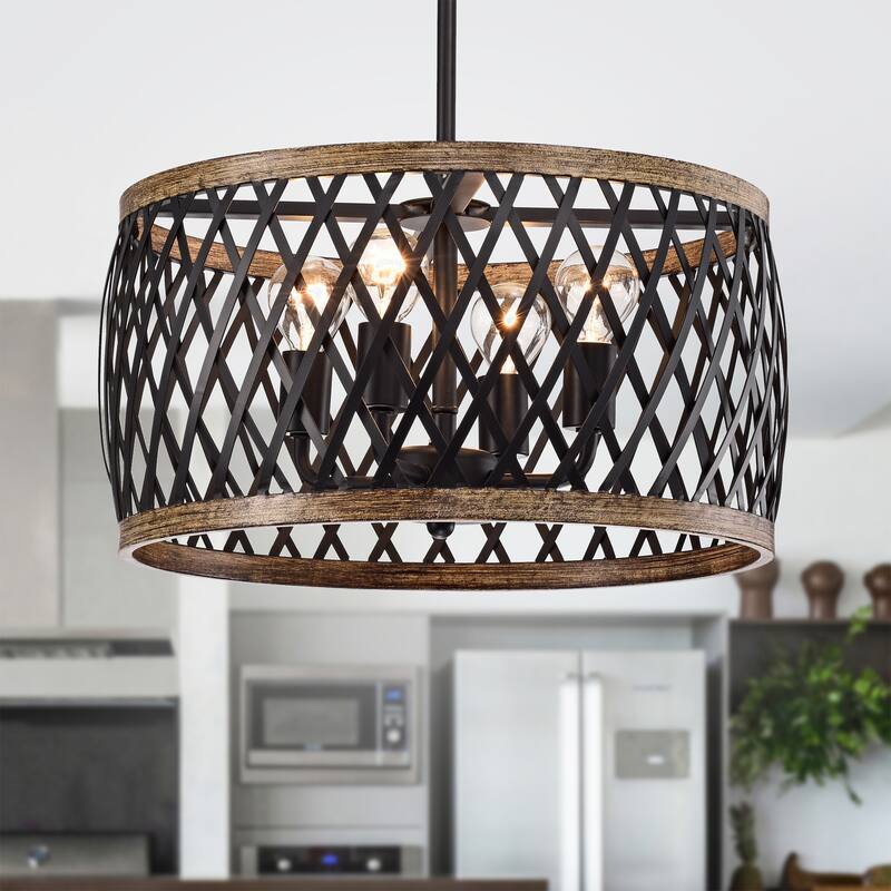 Matte Black 4-Light Metal Geometric Drum Shade Chandelier