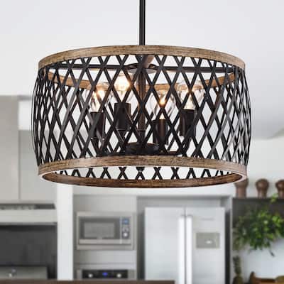 Matte Black 4-Light Metal Geometric Drum Shade Chandelier