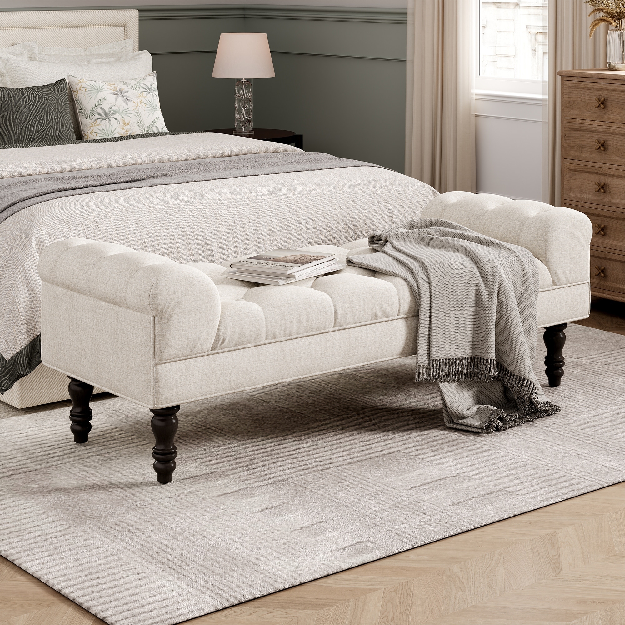 Button-Tufted End of Bed Bench, Large Upholstered Ottoman, Foot Rest with Legs, Footstool with Rolled Arms