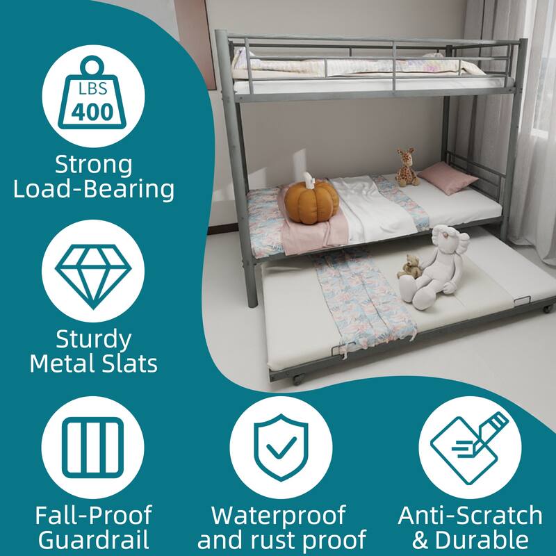 Metal Twin Over Twin Bunk Bed Frame with Ladders and Guardrail, Convertible to 2 Beds, Optional Trundle Bed
