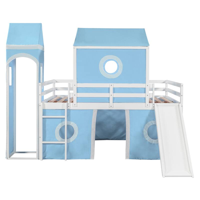 Full Size Loft Bed with Slide, Pink Tent, and Tower in Blue - Durable Pinewood Construction