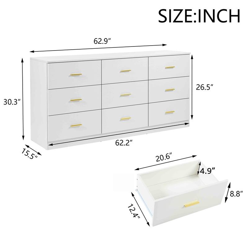 9-Drawer Cabinet Dresser, Modern Storage Cabinet with Golden Handles, Accent Cabinet Storage Wide Chest of Drawers
