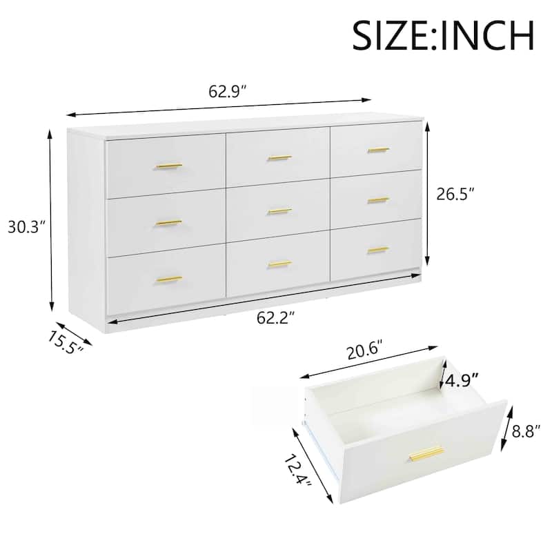 Contemporary 9-Drawer Wide Dresser – Wood Bedroom Storage Chest with Spacious Capacity, Sturdy & Child-Safe Design‌