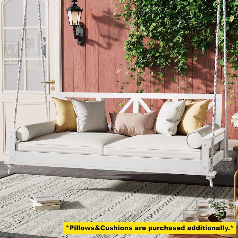 Acacia Wood Twin Size Patio Swing Bed Modern Porch Swing Hanging Bed Frame with 16.4ft Hemp Ropes - White