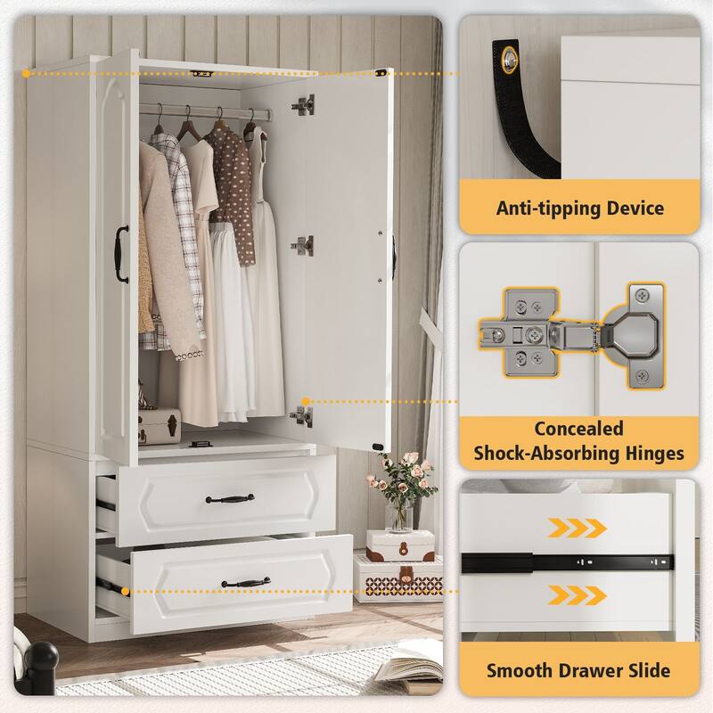 69" Wooden Armoire Wardrobe Closet with Drawers, Modern Bedroom Storage Cabinet with Hanging Rod