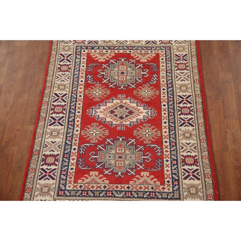 Geometric Kazak Rug Hand-Knotted Accent Wool Carpet - 3'4"x 4'9"