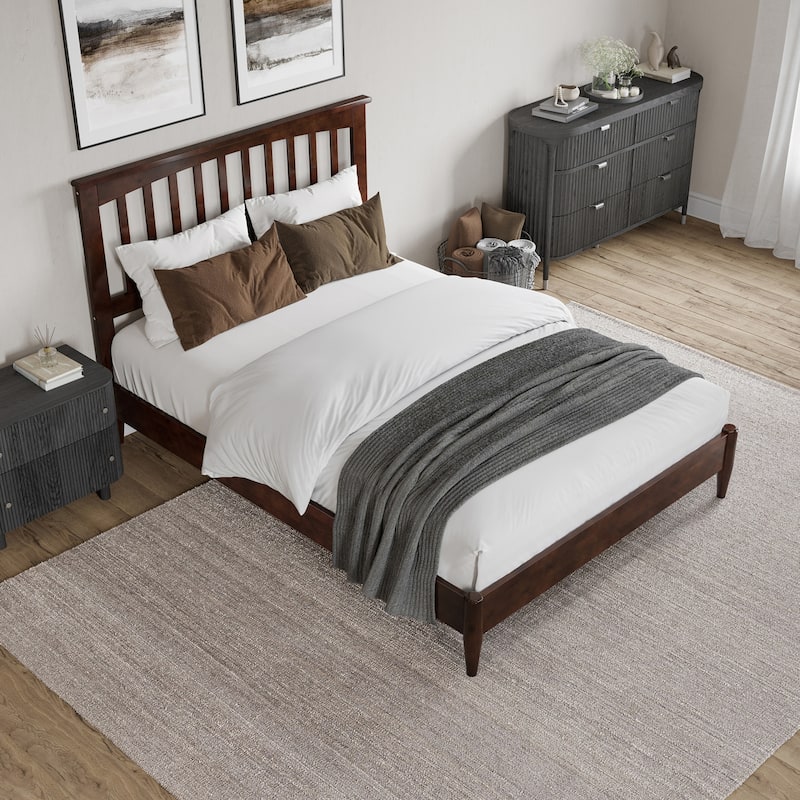 Modern Platform Bed - Low Profile Wood Bed Frame - Full Size Bed - Walnut Finish