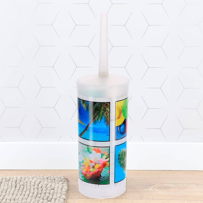 Island Bathroom Accessory Set - Decorative Plastic Waste Basket and Toilet Brush - 9.4" H x 7.8" W x 6.2" L