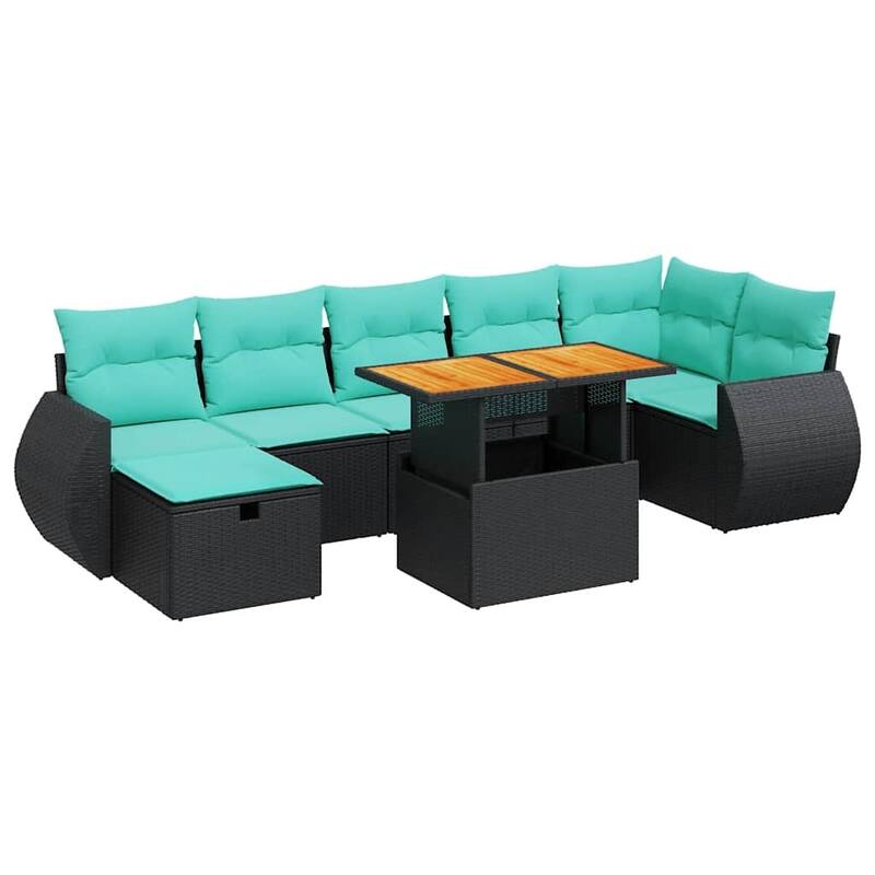 vidaXL 8 Piece Patio Sofa Set with Cushions Black Poly Rattan Acacia - 24.4 x 24.4 x 27.2