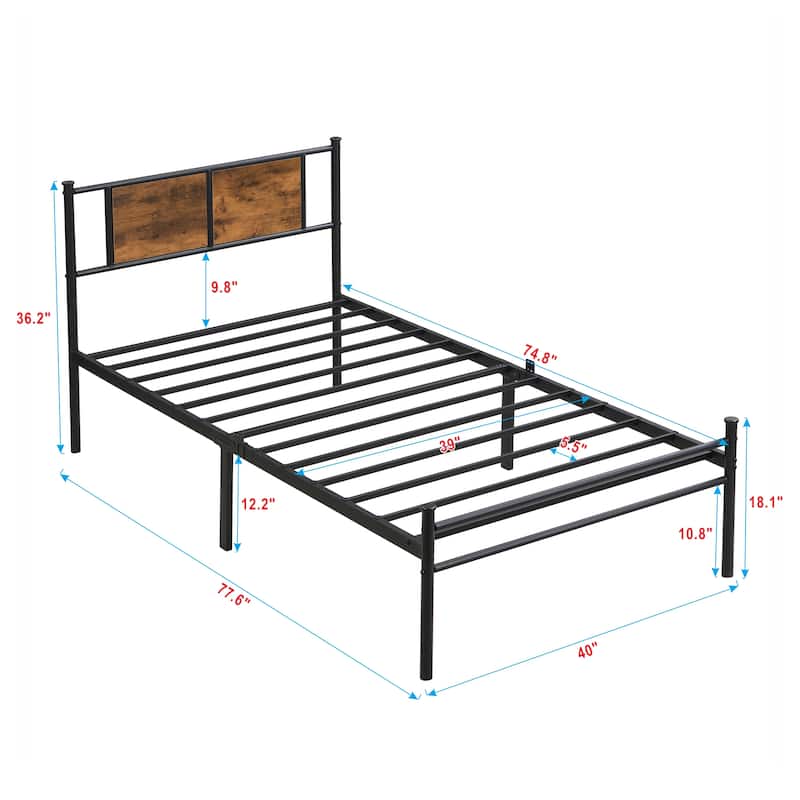 Metal Platform Bed Frame with Headboard and Wood Panel Decoration, Twin, Full, and Queen Sizes Bedroom Furniture