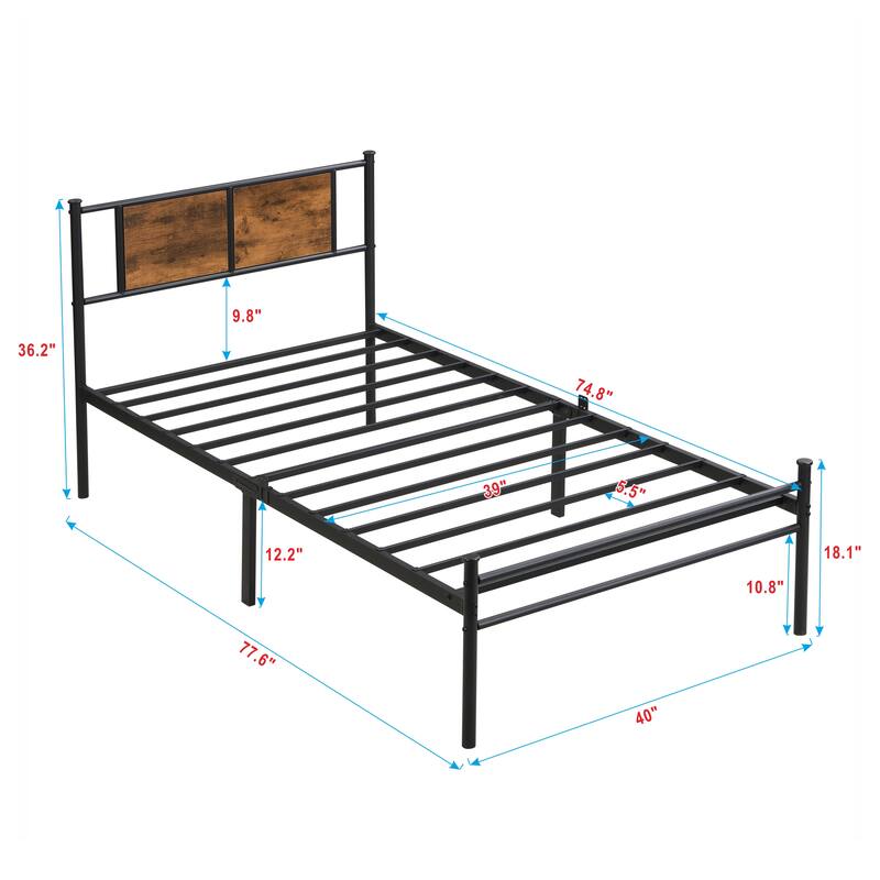 Twin Size Metal Platform Bed with Wood Panel Headboard and Under-Bed Storage