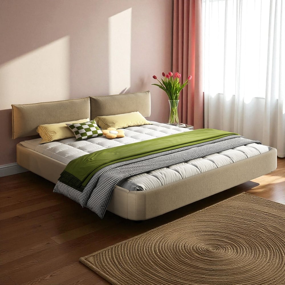 King Size Cloud Bed Frame with Oversized Movable Headboard, Chenille Upholstered Platform Bed with Metal & Wood Support