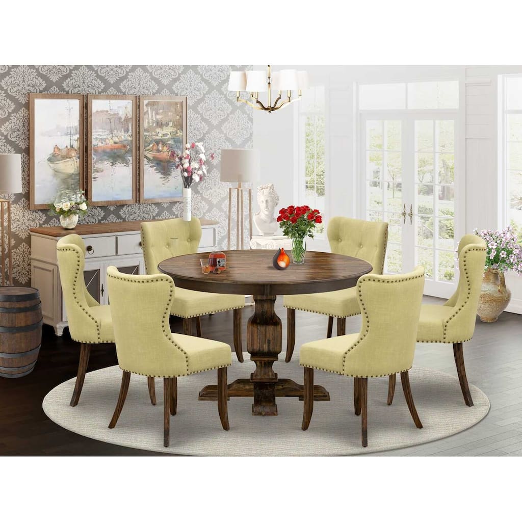 HomeStock 7-Piece Distressed Jacobean Finish Solid Wood Top Dining Table with 6 Parson Chairs