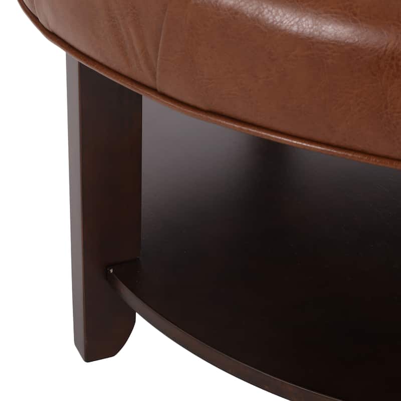 Rumbrook Faux Leather and Rubberwood Round Ottoman with Open Shelf by Christopher Knight Home