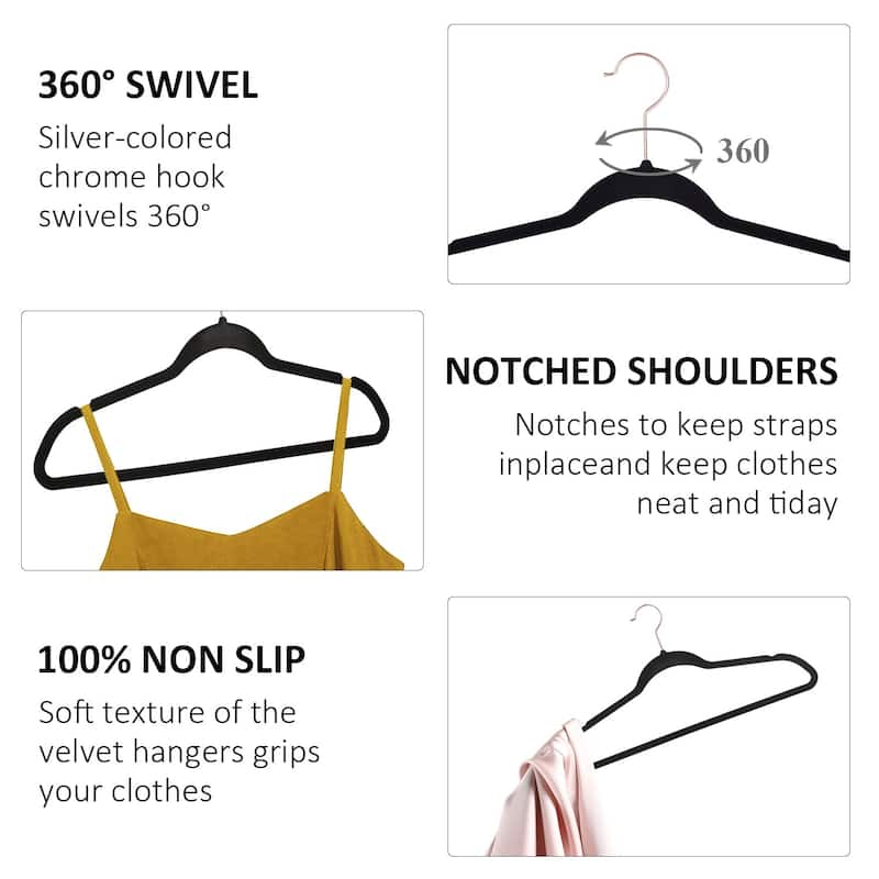 Javlergo 50/100 Pack Velvet Hangers, Heavy Duty Non Slip & Space-Saving Cloth Hangers with 6 Finger Clips & Tie Rack - 100 Packs - Black