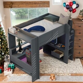 Full Size Wood Gaming Loft Bed with Multiple Storage, Desk and USB,Grey