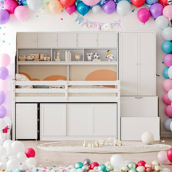 slide 2 of 31, Efficient Full Size Wooden Loft Bed Big Storage, Under-bed Desk, Drawers and Integrated Wardrobe, Mobile Workstation, White White