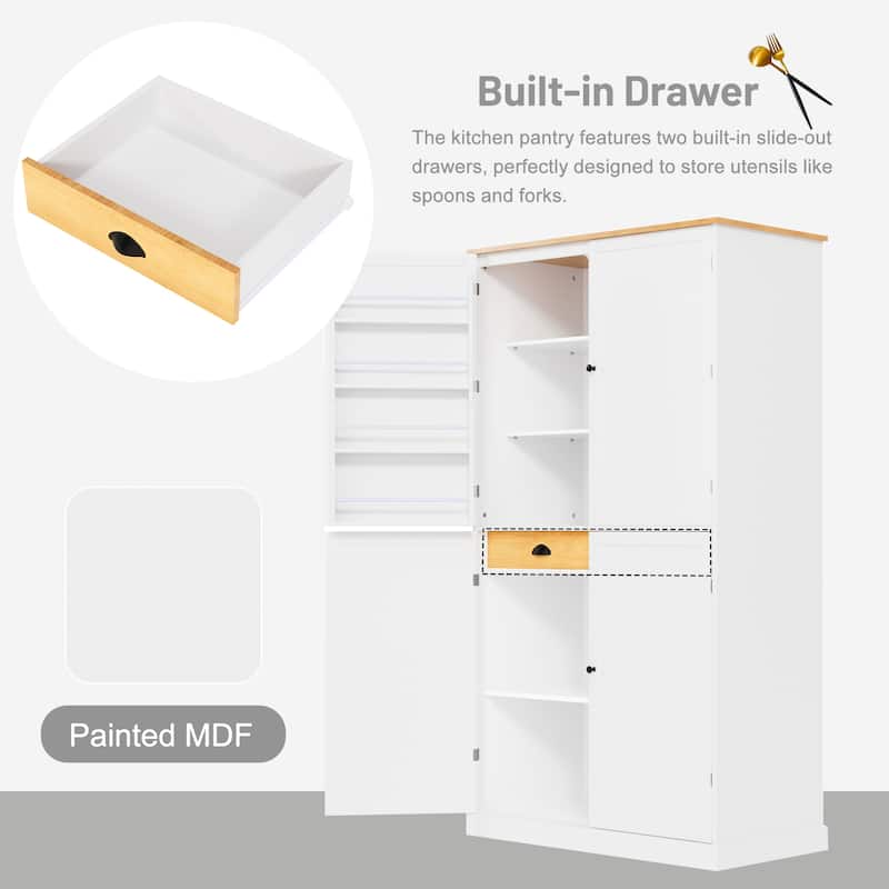 71" Tall Kitchen Pantry Cabinet with 2 Drawers,2 Adjustable Shelves, 8 Door Shelves