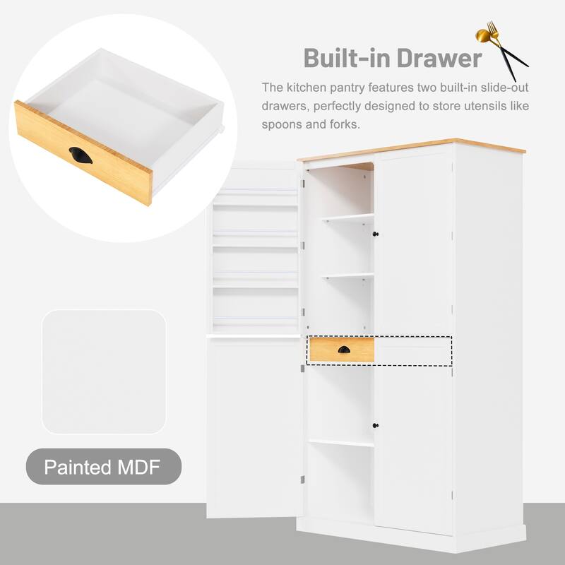 Kitchen Pantry with 2 Drawers, 2 Adjustable Shelves and 8 Door Shelves