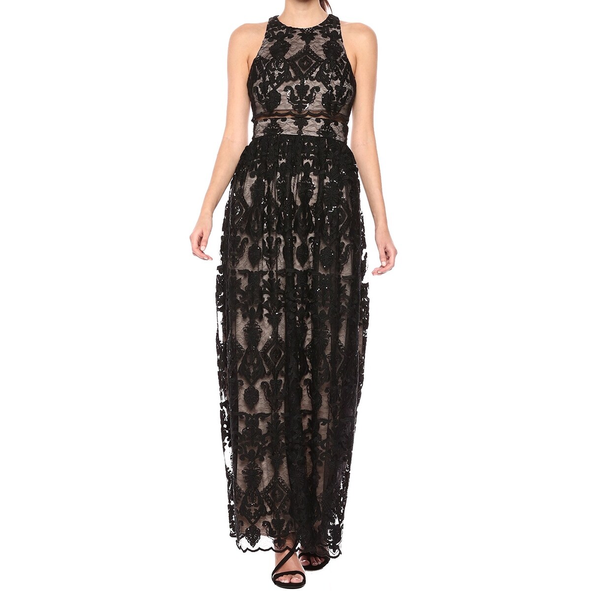 betsy & adam embroidered halter gown