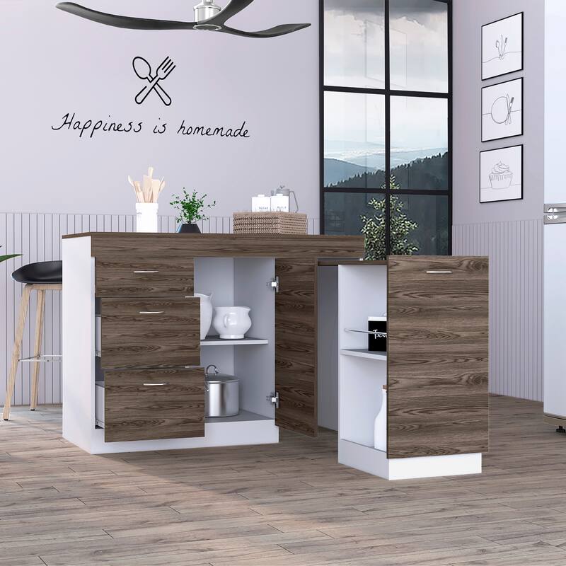 Laurel 3-Drawer L-Shaped Convertible Kitchen Island White and Dark Walnut - Brown