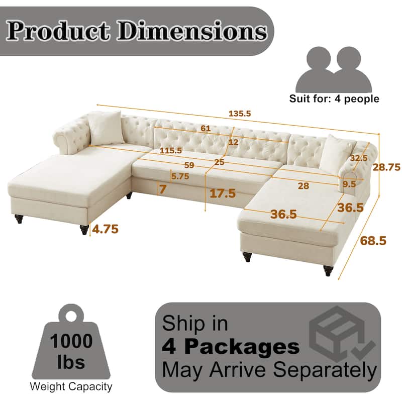 Chenille U-Shaped 5-Seater Sofa with Pull Point Design and Wooden Legs