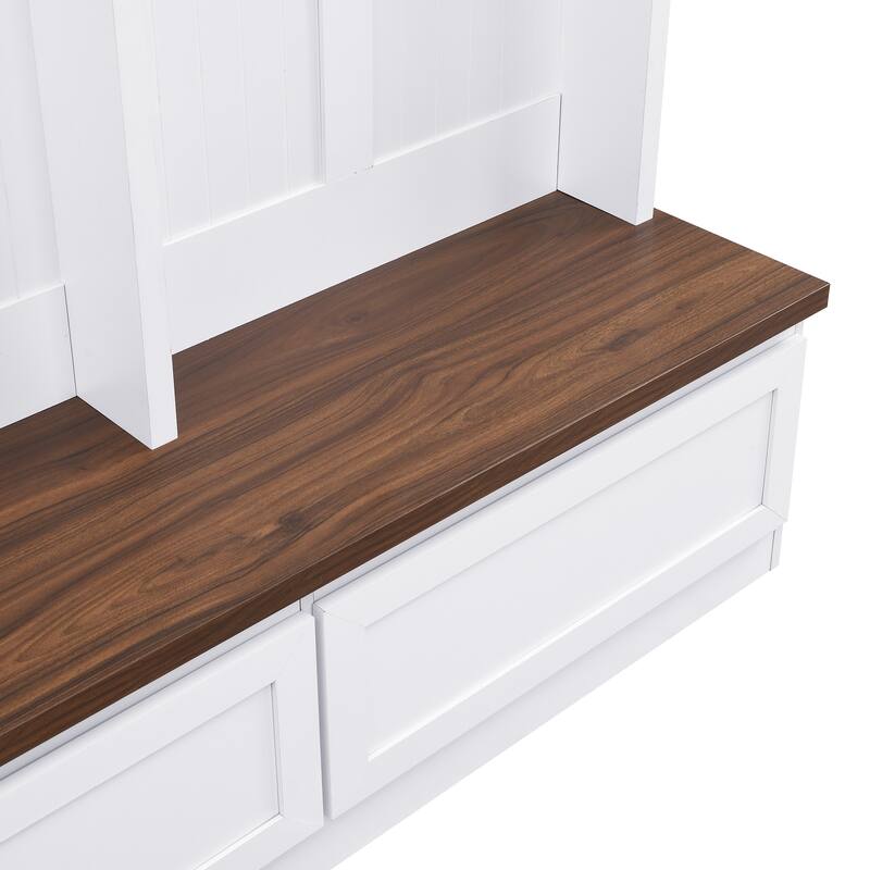 Farmhouse 4-In-1 Hall Tree With Wood Grain Bench,Mudroom Versatile Coat Rack With 2 Large Drawer,Entrance Organizer