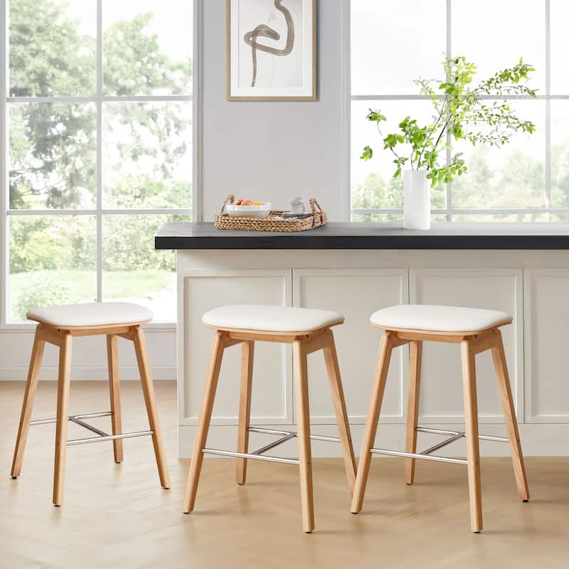 26-Inch Faux Leather Wood Counter Stools Set of 1/2/3 - 26"H x 18.1"L x 16.5"D - Set of 3 - Natural Legs