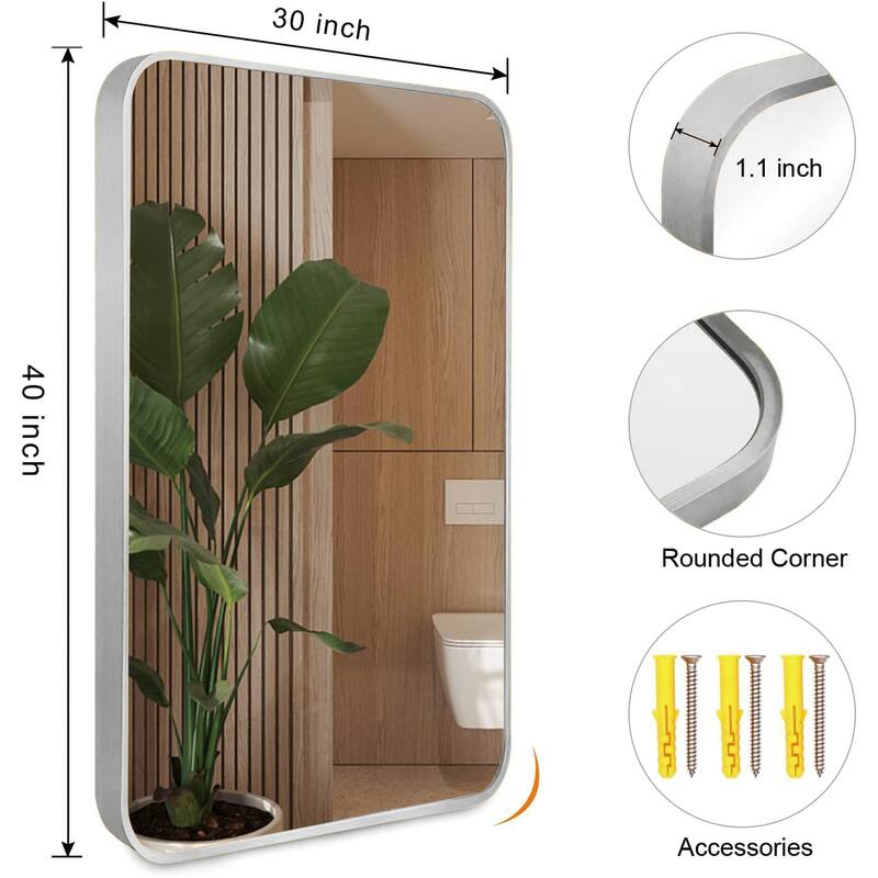 30x40 Inch Silver Metal Framed Rectangular Rectangular Bathrrom Mirror for Wall