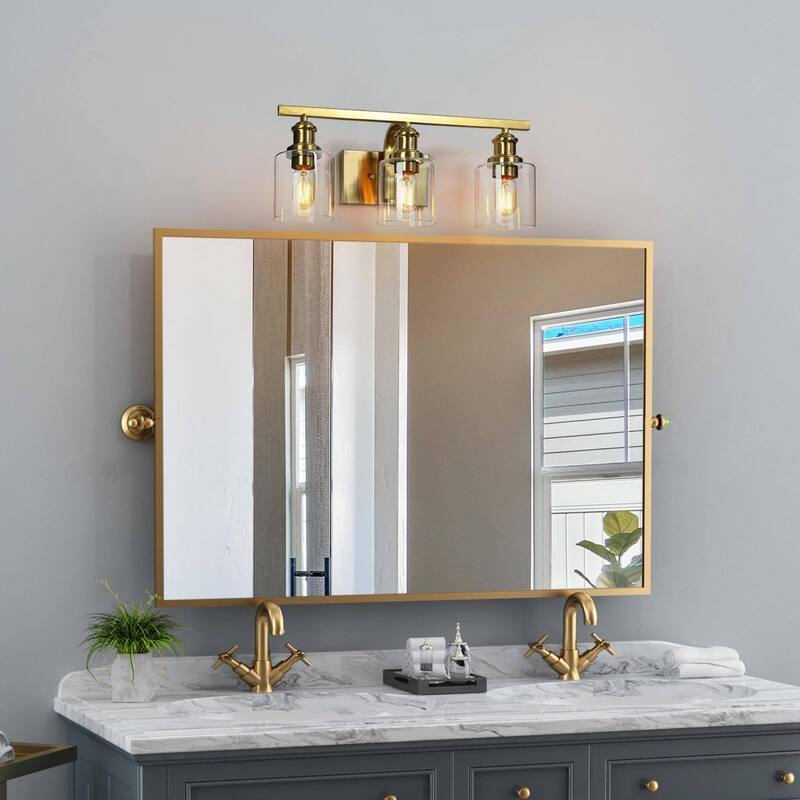 Oriva Modern 3-Light Gold Wall Sconce Cylinder Clear Glass Bathroom Vanity Light - Brushed Electroplated Copper - W22"xD6.5"xH9"