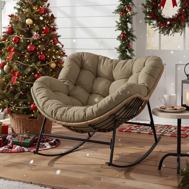 FINCATI Outdoor Royal Rocking Papasan Chair, Luxury Cozy Outdoor Rocking Chair, 450 lbs Indoor Extra Large Recliner Chair