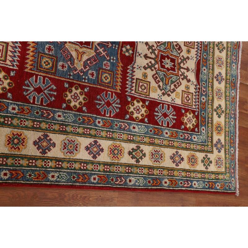 Geometric Red Kazak Area Rug Handmade Oriental Wool Carpet - 4'0" x 6'3"