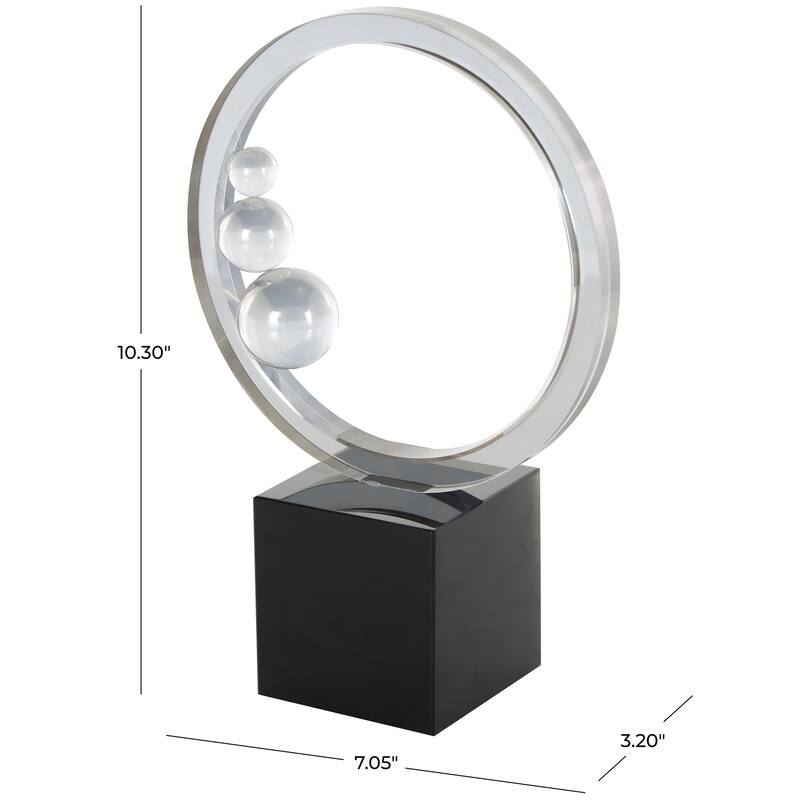 Clear Glass Ring Abstract Decorative Sculpture with Clear Orbs and Black Square Base
