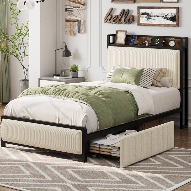 Twin XL Size Platform Bed Frame with 2 Storage Drawers and Charging Station - Beige
