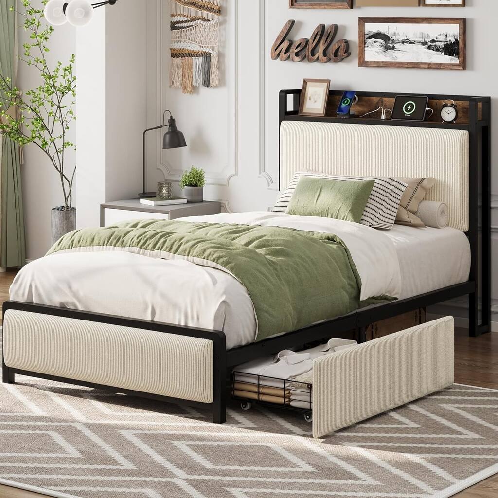 Twin XL Size Platform Bed Frame with 2 Storage Drawers and Charging Station