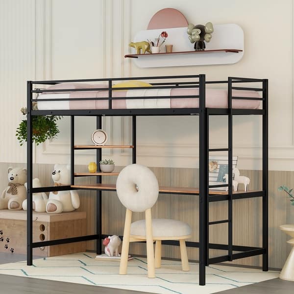 slide 2 of 13, Black Twin Size Metal Loft Bed with Desk, Ladder and Shelve for Kids, Teens, Girls, Boys Twin - Black