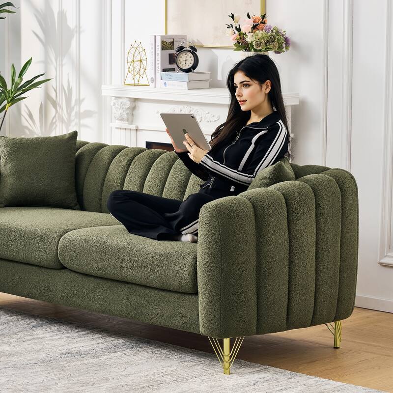 Roomfitters 85" and 63" Modern Teddy Fabric Sofa and Loveseat Set with Gold Legs, Channel Stitched 2-Piece Couch Set